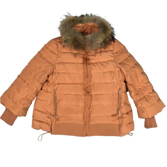 Carry Me Puffer Coat Orange Full Zip Long Sleeve Faux Fur Trim Jacket Women's M - Picture 1 of 14